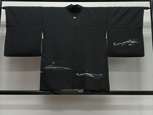 平和屋着物＃羽織　寿光織　幾何学文様　黒地　銀糸　正絹　逸品　CABE5165ua
