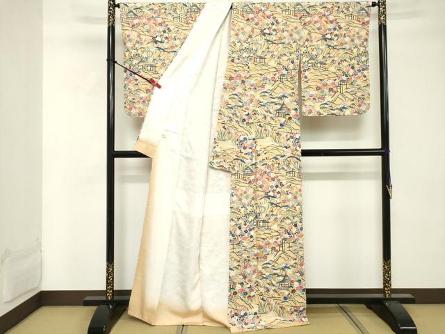 平和屋着物■訪問着 型染め 風景花文 正絹 逸品 DABE7967cd