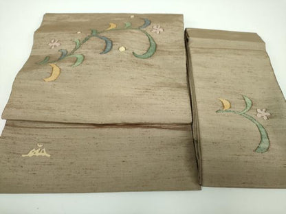 平和屋着物●絲藝苑　上島洋山　つけ帯　紬地　草花文　正絹　逸品　未使用　DABE5617ps