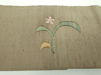 平和屋着物●絲藝苑　上島洋山　つけ帯　紬地　草花文　正絹　逸品　未使用　DABE5617ps