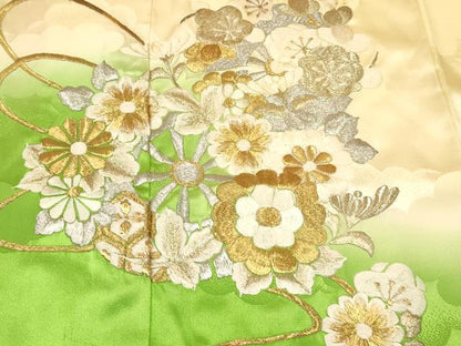 平和屋着物∵女の子　十三参り　子供　祝着・長襦袢(無双仕立て・半衿刺繍)セット　刺繍　源氏車花文　暈し染め　金銀糸　逸品　DABE7097ma