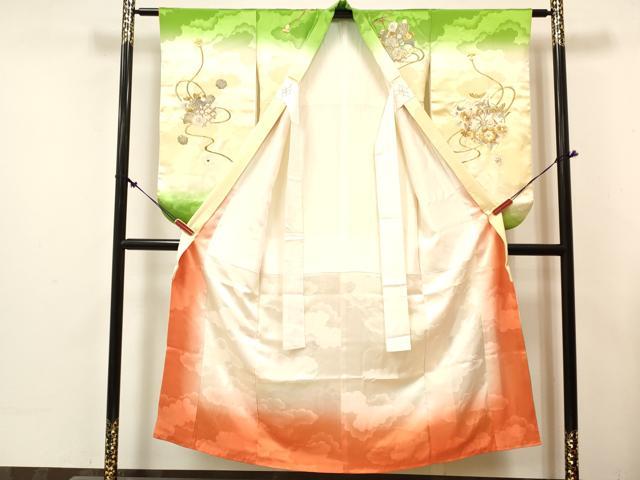 平和屋着物∵女の子　十三参り　子供　祝着・長襦袢(無双仕立て・半衿刺繍)セット　刺繍　源氏車花文　暈し染め　金銀糸　逸品　DABE7097ma