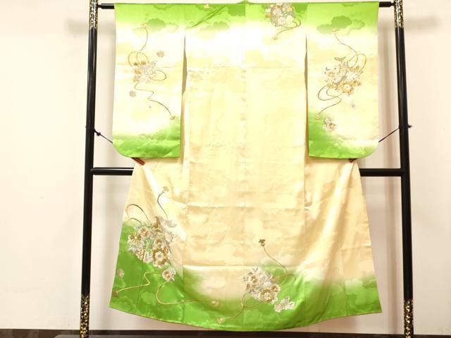平和屋着物∵女の子　十三参り　子供　祝着・長襦袢(無双仕立て・半衿刺繍)セット　刺繍　源氏車花文　暈し染め　金銀糸　逸品　DABE7097ma