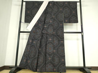 平和屋着物▽結城ちぢみ　単衣　正倉院亀甲花文　正絹　逸品　DABE4517az