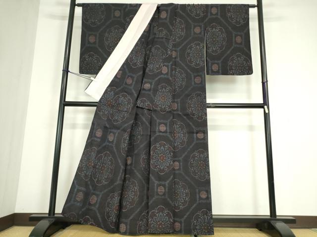 平和屋着物▽結城ちぢみ　単衣　正倉院亀甲花文　正絹　逸品　DABE4517az