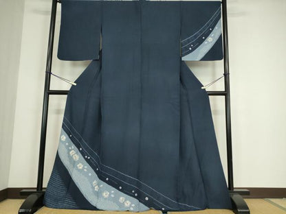 平和屋着物▽訪問着　単衣　紬地　絞り　流水花文　正絹　逸品　DABE4533az