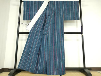 平和屋着物▽上質な紬　単衣　縞　正絹　逸品　DABE4525az