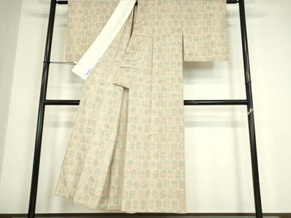 平和屋着物▽上質な紬　単衣　亀甲柄　正絹　逸品　DABE4546az