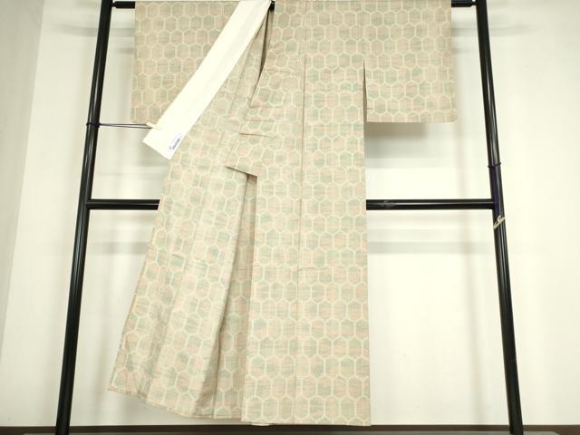 平和屋着物▽上質な紬　単衣　亀甲柄　正絹　逸品　DABE4546az