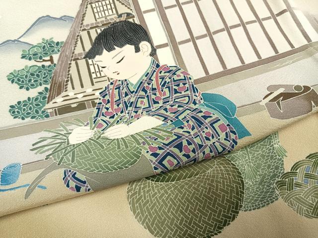 平和屋着物○男性 長襦袢 袷 作家物 手描き 人物風景文 暈し染め 金彩