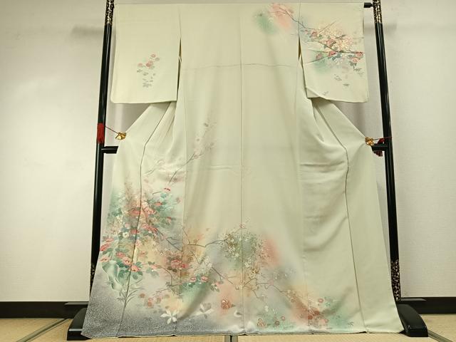 平和屋着物●訪問着　友禅　花鳥文　暈し染め　金銀彩　ロング丈　正絹　逸品　AABI1539fy