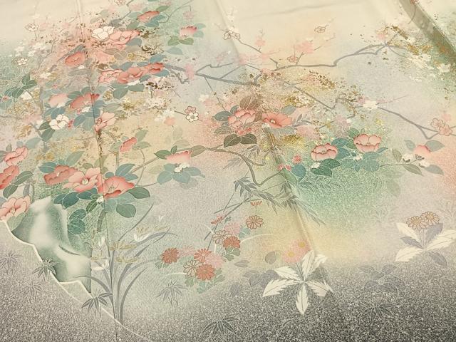 平和屋着物●訪問着　友禅　花鳥文　暈し染め　金銀彩　ロング丈　正絹　逸品　AABI1539fy