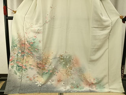 平和屋着物●訪問着　友禅　花鳥文　暈し染め　金銀彩　ロング丈　正絹　逸品　AABI1539fy