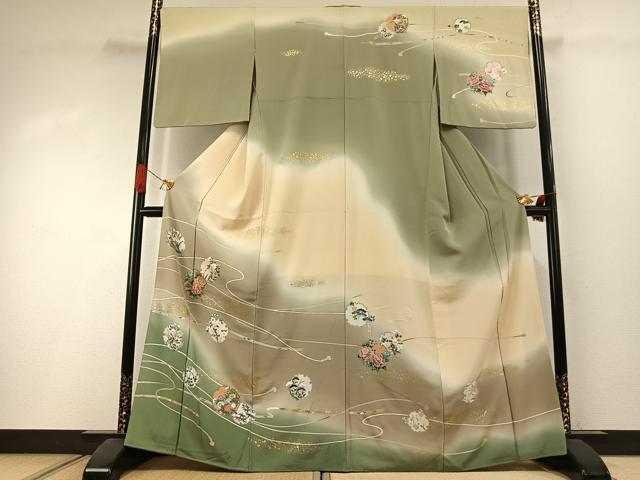 平和屋着物●訪問着　友禅　駒刺繍　雪輪花文　暈し染め　金銀彩　正絹　逸品　AABI1534fy