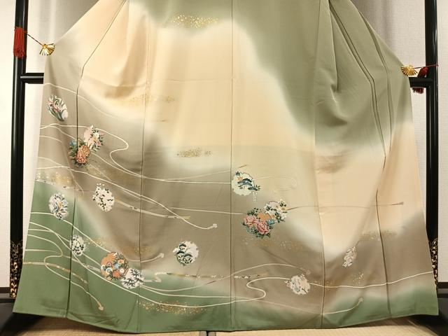 平和屋着物●訪問着　友禅　駒刺繍　雪輪花文　暈し染め　金銀彩　正絹　逸品　AABI1534fy