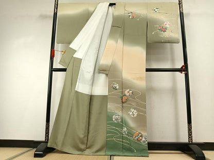 平和屋着物●訪問着　友禅　駒刺繍　雪輪花文　暈し染め　金銀彩　正絹　逸品　AABI1534fy