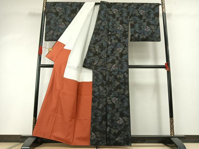 平和屋着物●本場大島紬　カタス7マルキ　草花文　黒地　正絹　逸品　AABI1568fy