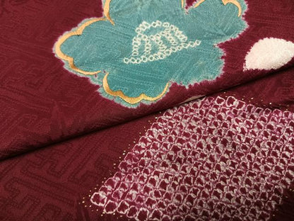 平和屋着物●アンティーク　大正ロマン　訪問着　絞り　刺繍　舞花文　正絹　逸品　AABI1558fy