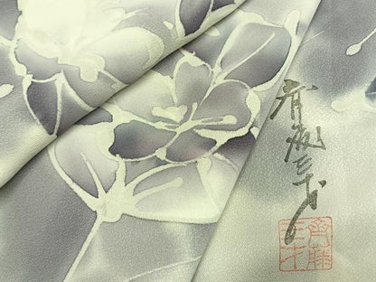 平和屋着物●染色作家　斉藤三才　小紋　草花文　暈し染め　正絹　逸品　AABI1557fy