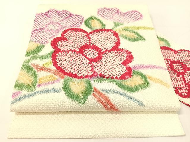 平和屋着物●名門　藤娘きぬたや・総絞り　九寸名古屋帯　芝草花文　正絹　逸品　CABG1872vp