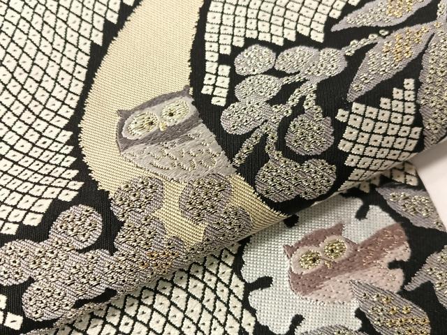 平和屋着物●九寸名古屋帯　唐織　ミミズク　黒地　金糸　正絹　逸品　CABG1881vp