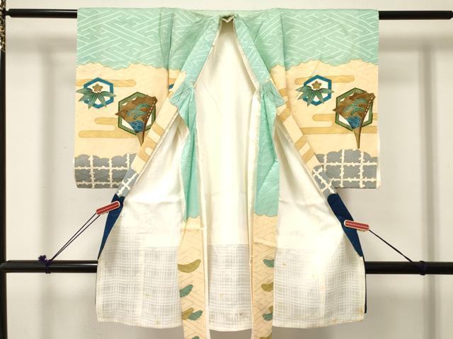 平和屋着物[]お宮参り　男の子　祝着　産着　初着　のしめ　駒刺繍　唐獅子　兜　笹松文　金彩　逸品　DABE7119ma