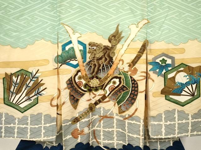 平和屋着物[]お宮参り　男の子　祝着　産着　初着　のしめ　駒刺繍　唐獅子　兜　笹松文　金彩　逸品　DABE7119ma