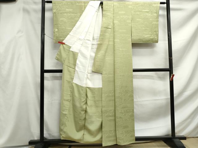平和屋着物■上質な色無地　エ霞花地紋　抹茶色　正絹　逸品　DABF4603qa
