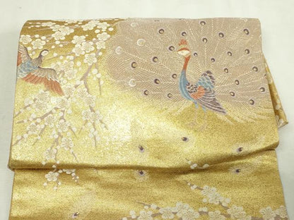 平和屋本店▼つけ帯　孔雀枝梅文　純金箔　九百錦　本金弐重箔　正絹　逸品　DABE9305sf