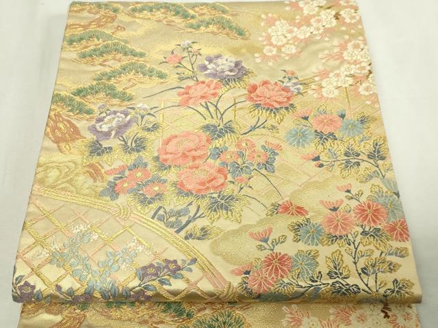 平和屋本店▼西陣　泰正織物謹製　太鼓柄袋帯　唐織　作家物　扇面冊子花鳥文　本金箔　正絹　逸品　DABE9299sf 平和屋本店▽西陣 泰正織物謹製 太鼓柄袋帯 唐織 作家物 扇面冊子