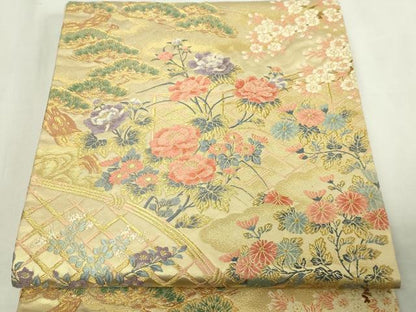平和屋本店▼西陣　泰正織物謹製　太鼓柄袋帯　唐織　作家物　扇面冊子花鳥文　本金箔　正絹　逸品　DABE9299sf