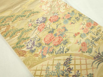 平和屋本店▼西陣　泰正織物謹製　太鼓柄袋帯　唐織　作家物　扇面冊子花鳥文　本金箔　正絹　逸品　DABE9299sf