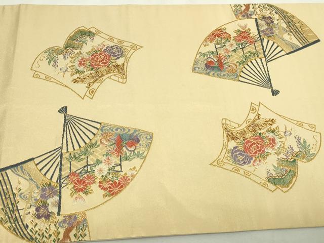 平和屋本店▼西陣　泰正織物謹製　太鼓柄袋帯　唐織　作家物　扇面冊子花鳥文　本金箔　正絹　逸品　DABE9299sf 平和屋本店▽西陣 泰正織物謹製 太鼓柄袋帯 唐織 作家物 扇面冊子