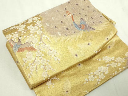 平和屋本店▼つけ帯　孔雀枝梅文　純金箔　九百錦　本金弐重箔　正絹　逸品　DABE9305sf