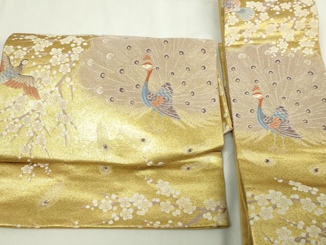 平和屋本店▼つけ帯　孔雀枝梅文　純金箔　九百錦　本金弐重箔　正絹　逸品　DABE9305sf 平和屋本店▽つけ帯 孔雀枝梅文 純金箔 九百錦 本