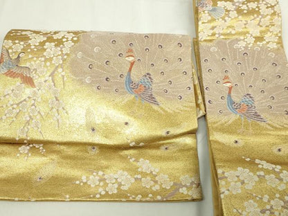 平和屋本店▼つけ帯　孔雀枝梅文　純金箔　九百錦　本金弐重箔　正絹　逸品　DABE9305sf