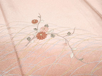 平和屋着物▽訪問着　単衣　刺繍　草花文　暈し染め　金銀彩　正絹　逸品　CABG2565th