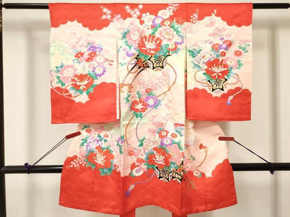 平和屋着物[]お宮参り　女の子　祝着　産着　初着　のしめ　花車文　金彩　逸品　DABE7139ma