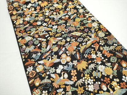 平和屋着物●六通柄袋帯　唐織　飛鶴宝尽くし花文　黒地　金糸　正絹　逸品　CABG6051hy