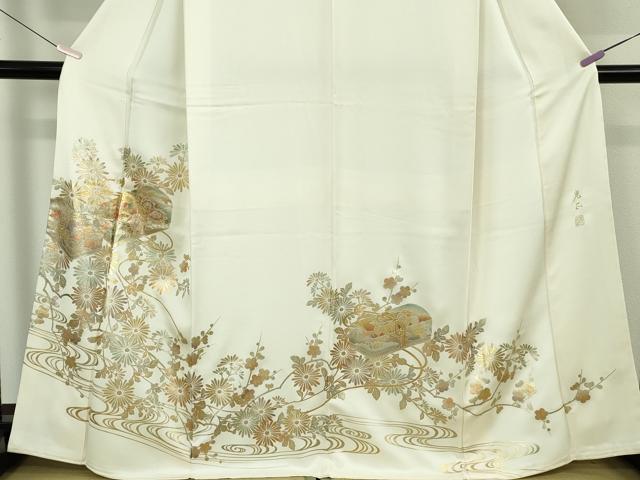 平和屋本店●極上　金彩友禅 卓越技能者・名工・和田光正 色留訪問着 文箱 菊梅文 象牙色地 金銀彩 さが美扱い　逸品　未使用　DZAB1408kh6
