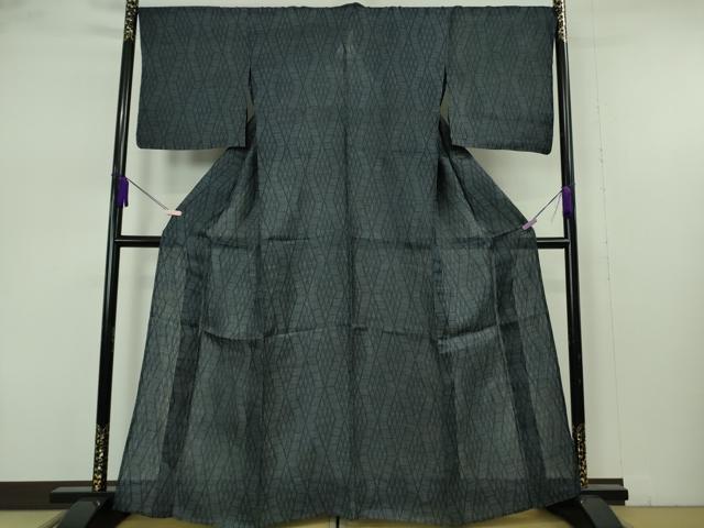 平和屋本店＊極上　夏物　重要無形文化財　本場宮古上布　苧麻　菱文　紺色地　逸品　未使用　DZAB2414kh6