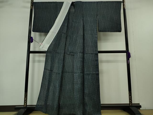 平和屋本店＊極上　夏物　重要無形文化財　本場宮古上布　苧麻　菱文　紺色地　逸品　未使用　DZAB2414kh6