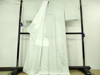 平和屋本店●極上　山口美術織物 皇室 伊勢神宮御用 西陣織 訪問着　錦繍　総刺繍　草花　白緑色地　金銀糸　冊子付き　逸品　DZAB1429kh6
