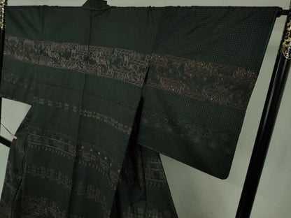 平和屋本店●極上　中国三大刺繍　スワトウ刺繍　汕頭刺繍　総刺繍　訪問着　紬地　洋花文　高麗納戸色地　逸品　DZAB2258kh6