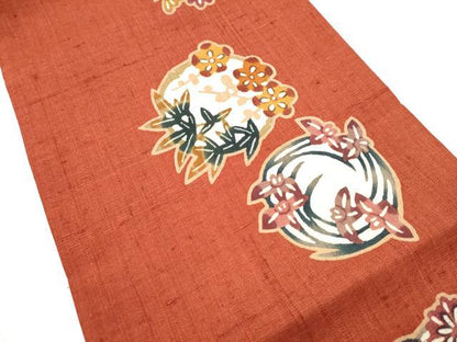 平和屋着物●日本工芸会正会員　大村禎一　九寸開き名古屋帯　紬地　型染め　花丸文　正絹　逸品　CABG6111hy