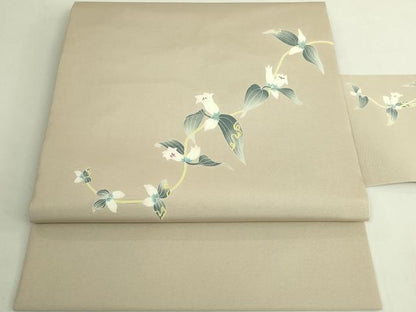 平和屋本店●極上　本加賀友禅作家　由水煌人　塩瀬　九寸名古屋帯　草花　白橡色地　たとう紙付き　逸品　DZAB6910kh6