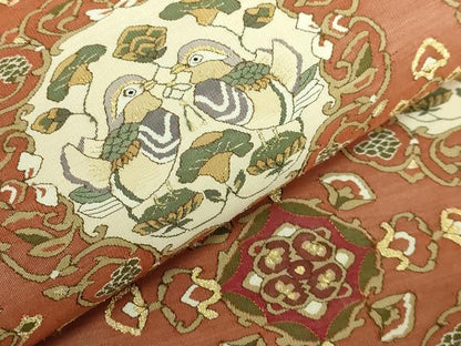 平和屋本店●極上　明綴れ　全通柄袋帯　向かい鴛鴦花文　金糸　共箱付き　逸品　DZAB6944kh6