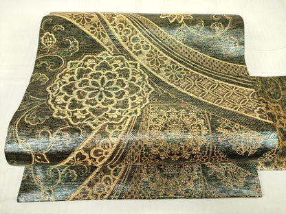 平和屋着物▼九寸名古屋帯 正倉院花文 金糸 正絹 逸品 DABE4563az