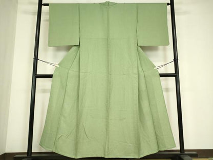 平和屋着物▽上質な色無地　単衣　紋意匠　若葉色　正絹　逸品　DABE4668az