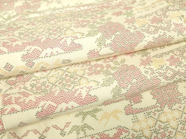 平和屋着物▽本塩沢　単衣　幾何学花文　正絹　逸品　DABE4641az